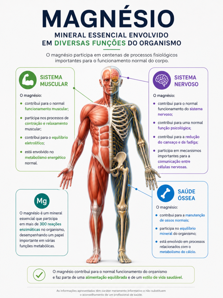 Infográfico do corpo humano com destaque para os sistemas muscular, nervoso e ósseo onde o magnésio atua