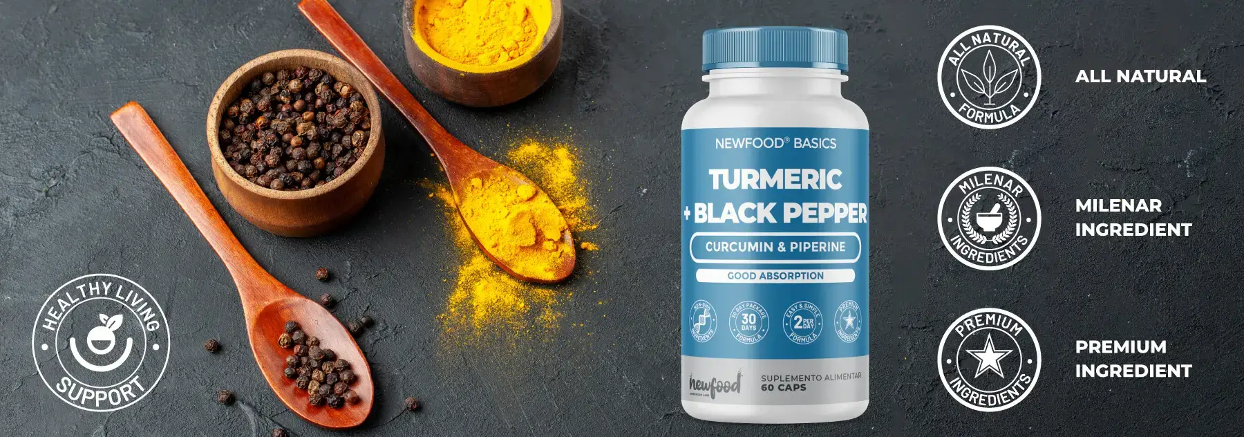 Turmeric + Black Pepper oferece uma elevada concentração dos principais componentes ativos encontrados na curcuma e na Pimenta Preta